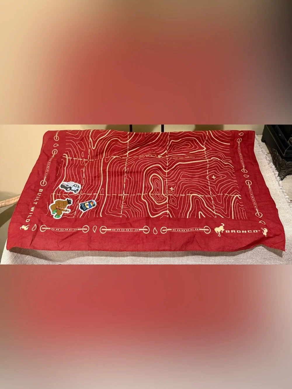 Ford Bronco Built Wild Topographic Map Bandana w/ Embroidered Patches – Rust Red
